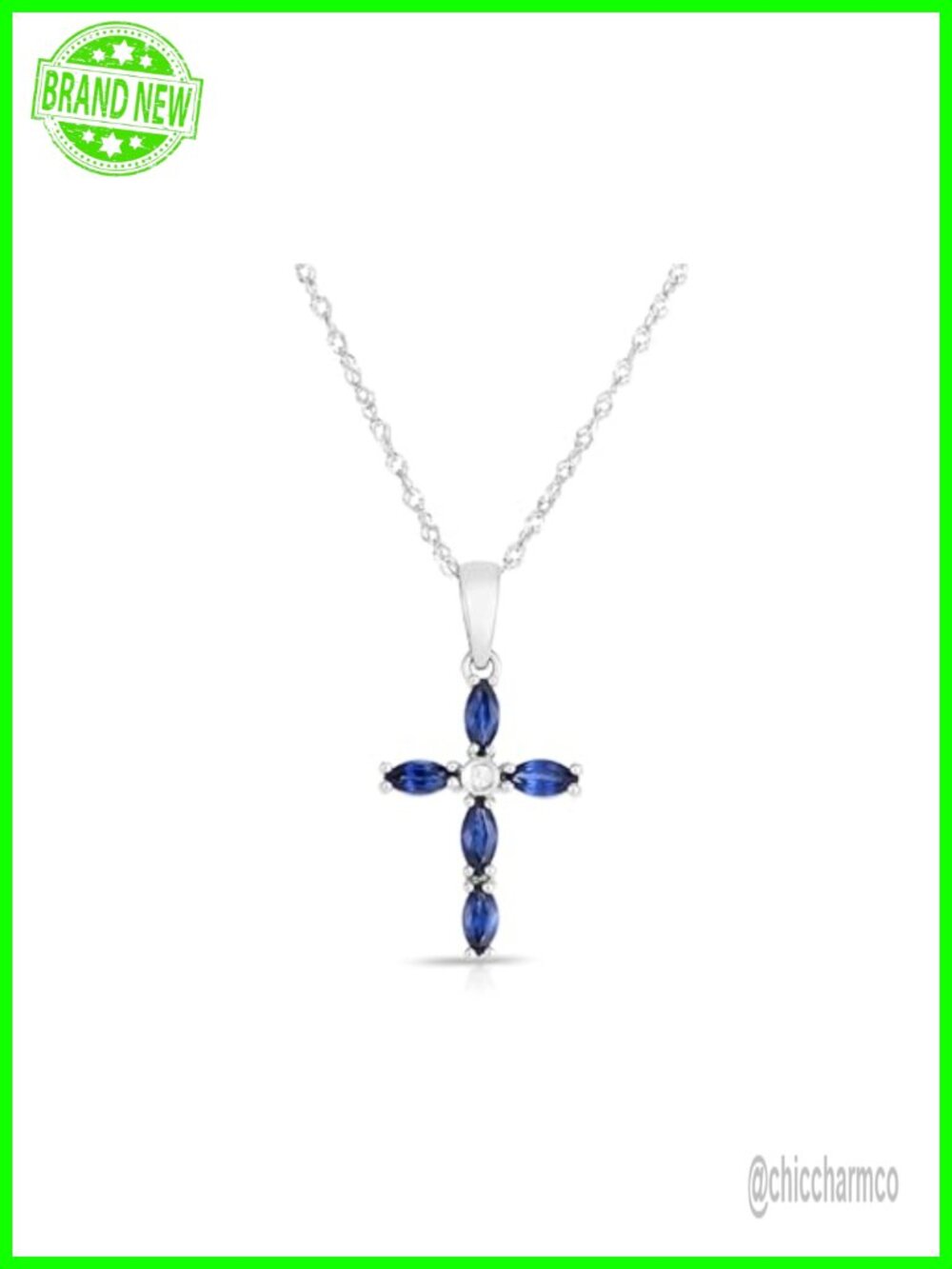 14K Solid White Gold Sapphire Diamond Cross Pendant Necklace
